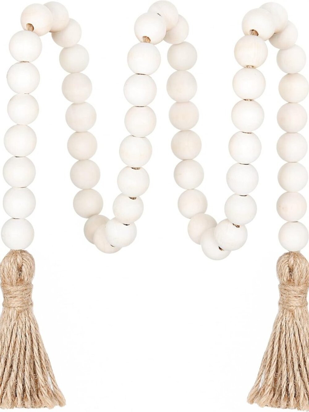 39in Wood Bead Garland, Farmhouse Beads with Tassels, Natural